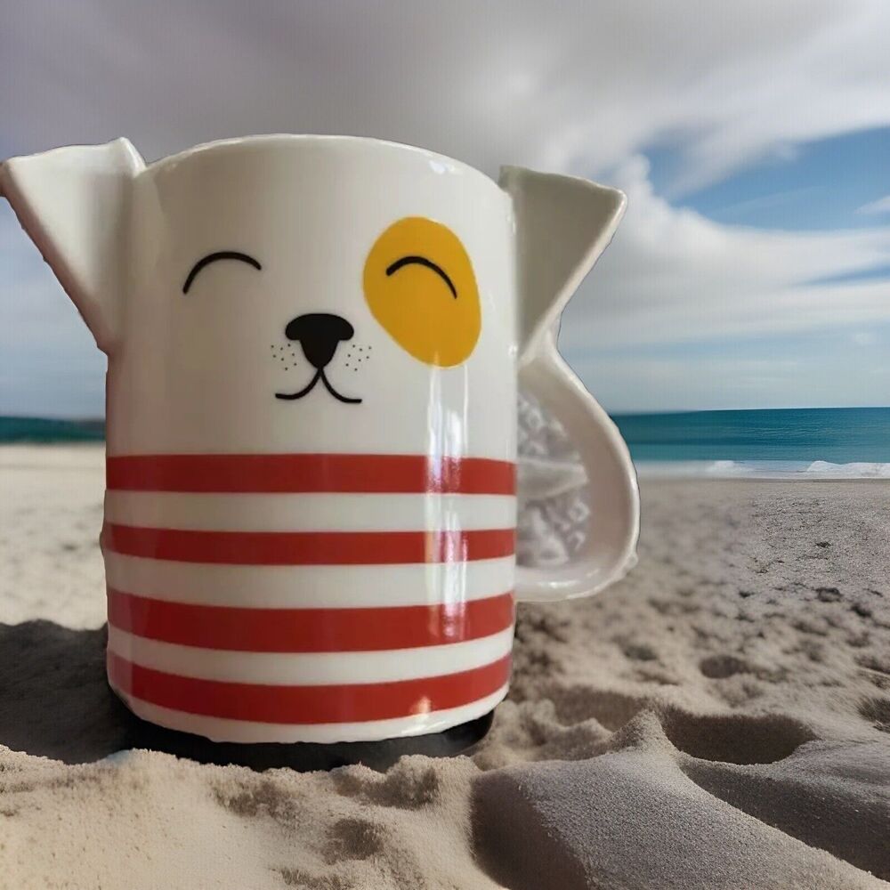 Dog Coffee Cup 3D Sculpted Ears Stoneware Parker Lane White Blue Red Stripe